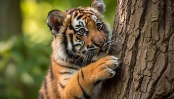 Tiger in the wild, fierce and beautiful, staring with alertness generated by AI photo