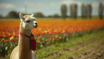 linda alpaca pasto en verde prado, rodeado por hermosa flores generado por ai foto