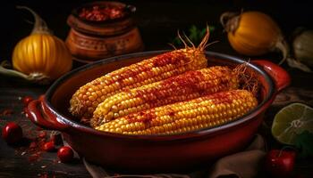 Autumn rustic table displays organic vegetarian food, fresh corn on cob generated by AI photo