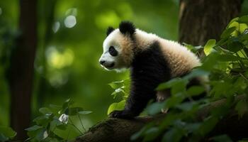 Cute panda sitting on a branch, eating bamboo in the forest generated by AI photo