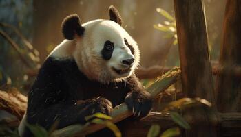 Cute panda sitting in the forest, eating bamboo, looking at camera generated by AI photo