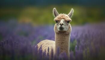 linda alpaca pasto en verde prado, mirando a cámara generado por ai foto