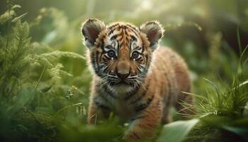 Tigre caminando en el bosque, curioso con tranquilo verde ojos generado por ai foto