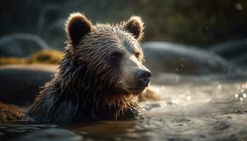 majestuoso oso pardo oso nadando en tranquilo estanque, rodeado por otoño generado por ai foto