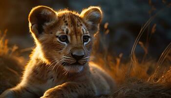 majestuoso león ocultación en césped, manchado, vigilancia, belleza en naturaleza generado por ai foto
