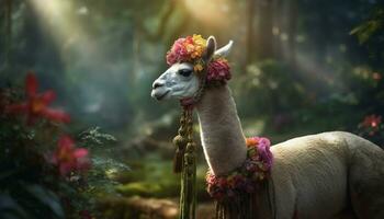 linda alpaca pasto en prado, rodeado por vistoso flores generado por ai foto