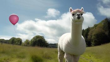 Cute alpaca grazing in green meadow, smiling at camera generated by AI photo