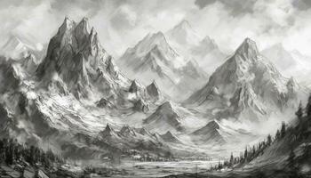 majestuoso montaña cima, nieve cubierto paisaje, negro y blanco ilustración generado por ai foto