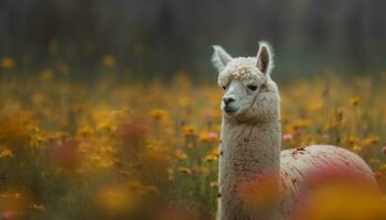 linda alpaca pasto en verde prado, rodeado por naturaleza belleza generado por ai foto