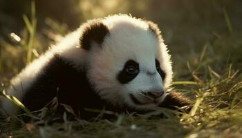 Cute young lemur sitting on grass, looking at camera outdoors generated by AI photo