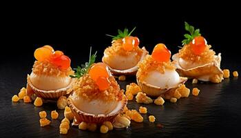 Fresh seafood appetizer, healthy meal, homemade dessert on wooden plate generated by AI photo