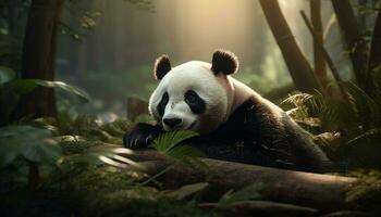 Cute giant panda sitting on bamboo, looking at camera playfully generated by AI photo