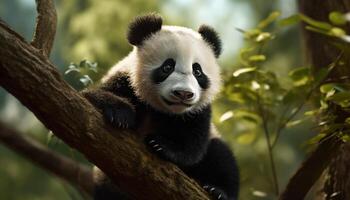 Cute panda sitting on branch, eating bamboo in green forest generated by AI photo