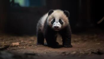 Cute panda cub playing in the forest, looking at camera generated by AI photo