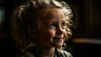 Cute child smiling, one person, Caucasian ethnicity, portrait of happiness generated by AI photo
