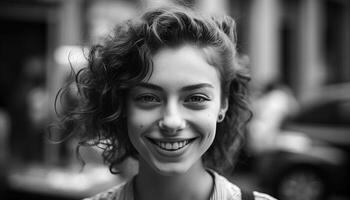 Smiling young woman outdoors, looking at camera with confidence generated by AI photo