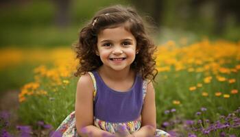sonriente niño al aire libre, verano felicidad, flor alegre linda naturaleza infancia generado por ai foto