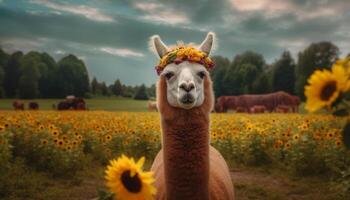 linda alpaca sonriente, mirando a cámara en hermosa verde prado generado por ai foto