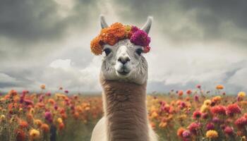 Cute alpaca grazing in green meadow, looking at camera generated by AI photo