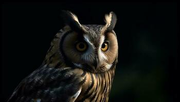 Great horned owl, perched on tree, staring with piercing yellow eyes generated by AI photo