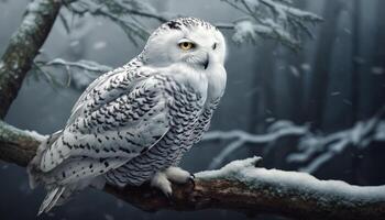 Snowy owl perched on branch, looking at camera in winter forest generated by AI photo