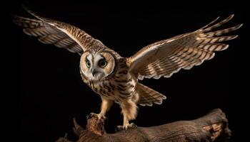 Flying bird of prey with spread wings, on black background generated by AI photo