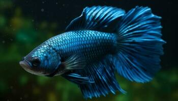 A beautiful multi colored Siamese fighting fish swims in blue water generated by AI photo