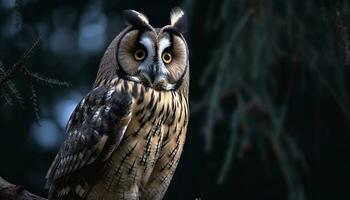 Great horned owl perching on branch, staring with yellow eyes generated by AI photo