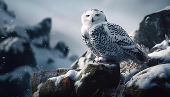 Snowy owl perched on a branch, looking at camera in winter generated by AI photo