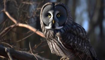 Bird of prey perching on branch, staring with intense yellow eyes generated by AI photo