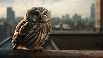 Eagle owl perching on skyscraper, staring at cityscape at night generated by AI photo