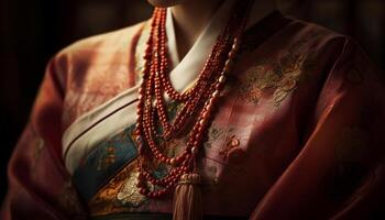 One woman wearing traditional clothing and elegant jewelry stands indoors generated by AI photo