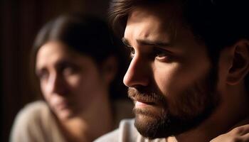 Young adult couple, serious and sad, looking at camera outdoors generated by AI photo