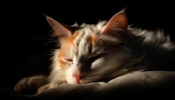 Cute kitten sleeping, fluffy fur, softness, whisker, close up, generated by AI photo