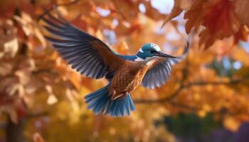 A vibrant bird spreads wings, perching on a branch in autumn generated by AI photo