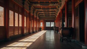 Old fashioned corridor with wooden flooring and dimly lit empty rooms generated by AI photo