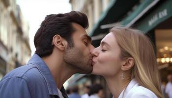 Young couple in love, smiling and kissing outdoors, enjoying summer generated by AI photo