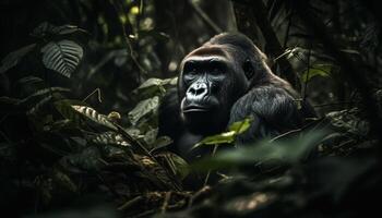Primate in tropical rainforest, a cute monkey sitting on tree generated by AI photo