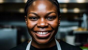 A confident young woman, smiling, looking at camera in a coffee shop generated by AI photo