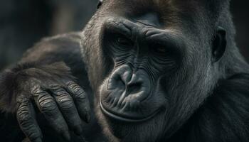 primate retrato en peligro de extinción mono en africano selva, curioso con fuerza generado por ai foto