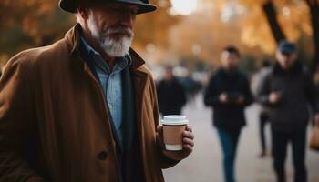 A mature man in a city, holding a coffee cup generated by AI photo