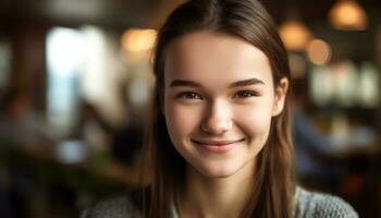 Smiling young woman with brown hair, looking at camera generated by AI photo