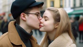 Young couple outdoors, embracing and kissing, expressing love and happiness generated by AI photo