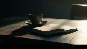 Wooden table with coffee cup, book, and Bible generated by AI photo