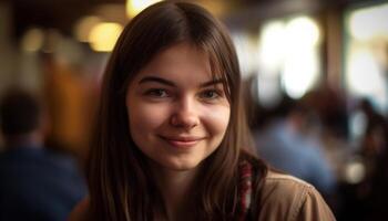 Smiling young woman, happiness in portrait, looking at camera confidently generated by AI photo