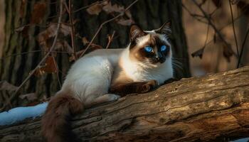 linda gatito sentado en árbol, curioso con curioso verde ojos generado por ai foto