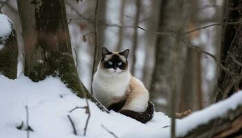 Cute kitten sitting on a snowy branch, exploring winter beauty generated by AI photo