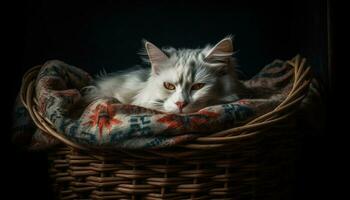 Cute kitten, fluffy fur, sleeping in a soft basket indoors generated by AI photo