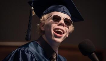 un joven adulto sonriente con felicidad, celebrando graduación éxito generado por ai foto