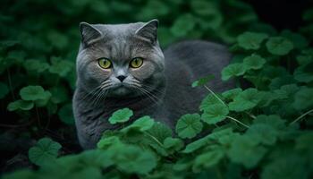 linda gatito sentado en césped, curioso a cámara en naturaleza generado por ai foto